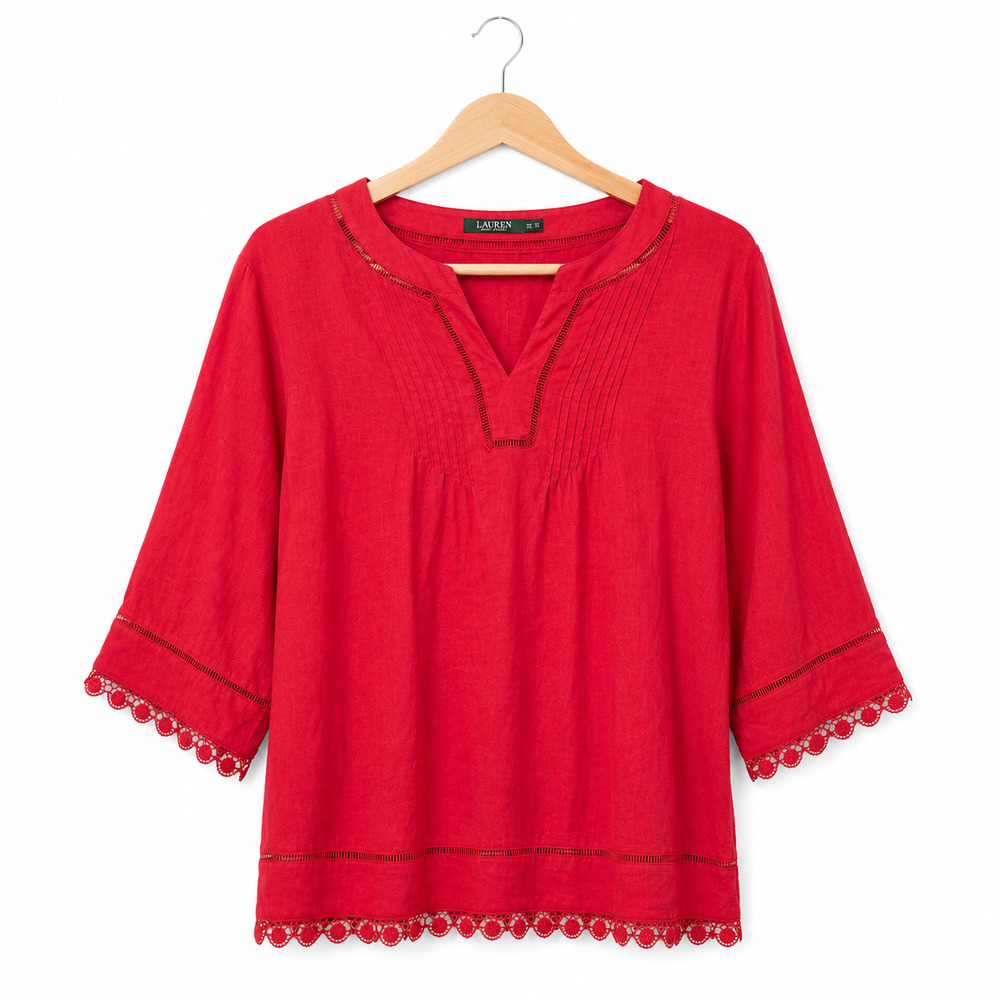 Ralph Lauren Blouse Womens Plus Size 2X Red 100% Linen Lace Ladder Trim Bohemian